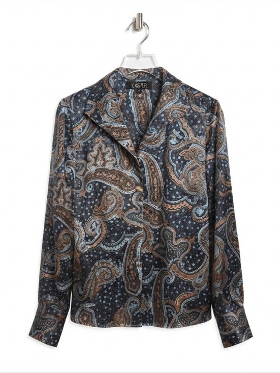 Kasper Tops - Kasper Women's Black Paisley Print Long Sleeve Button Down Blouse Size 8